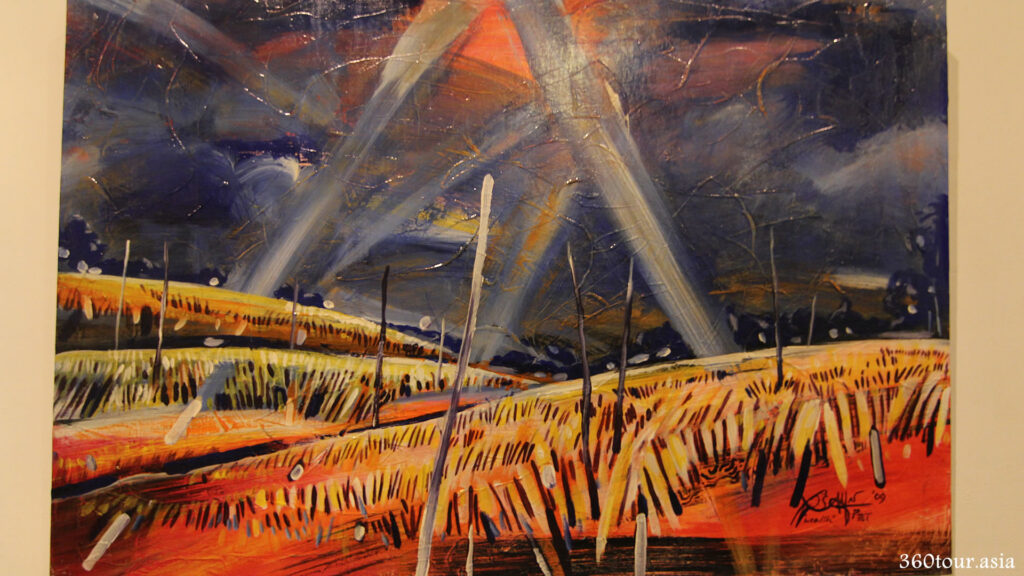 The oil painting of a open field with yellow grass and light beam from the far end Cities.
