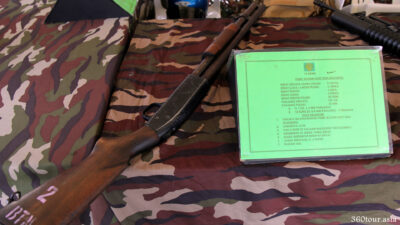 The Mossberg Pump Action Shot Gun. 103cm in length, Weights 3.150kg, effective range 31.5meters.