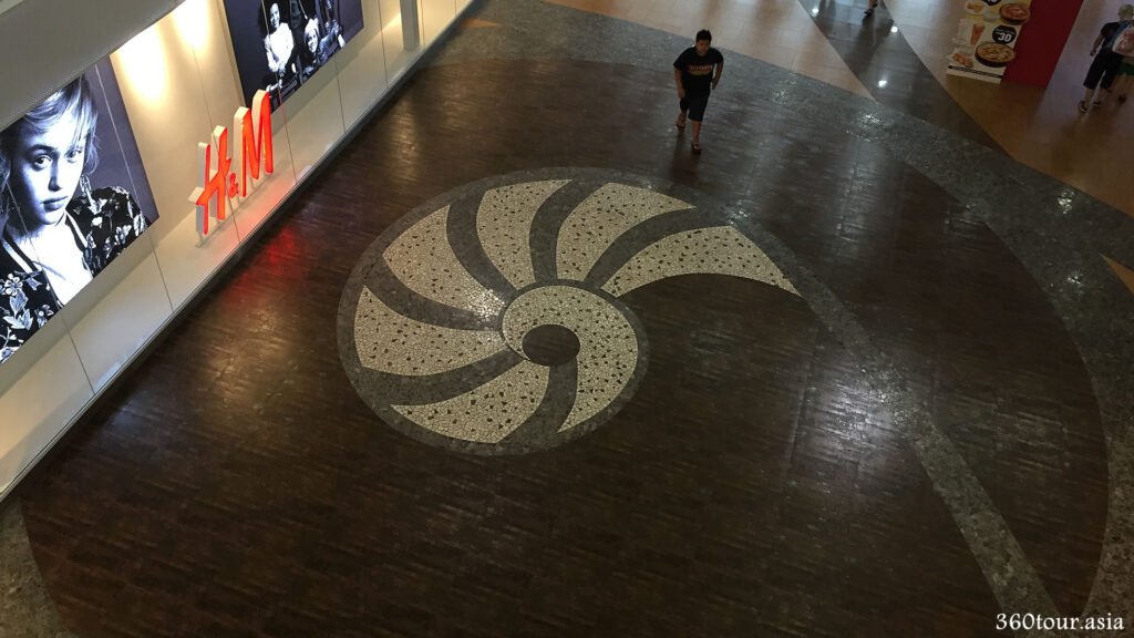 The Plaza Merdeka Nautica Seashell Floor Tile Mural as seen from the second floor.