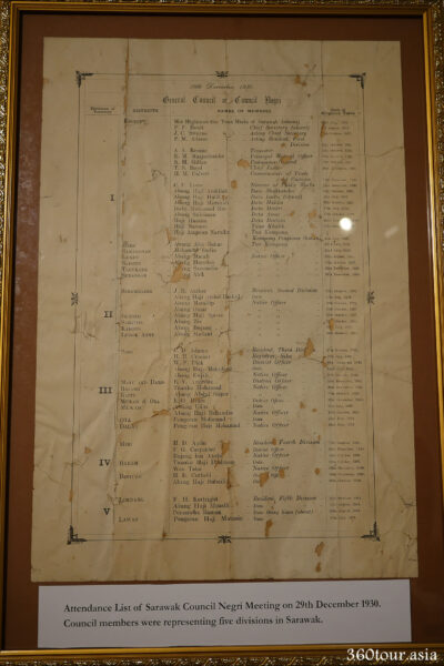 The Attendance List of Sarawak Council Negri Meeting on 29th December 1930. Council members were representing five division in Sarawak