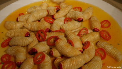 A life like replica of a dish of Sago worms