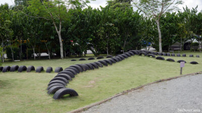 A series of recycled old tyres on the kid's playground
