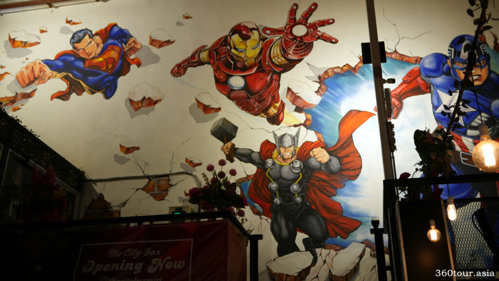 The wall of superheroes mural