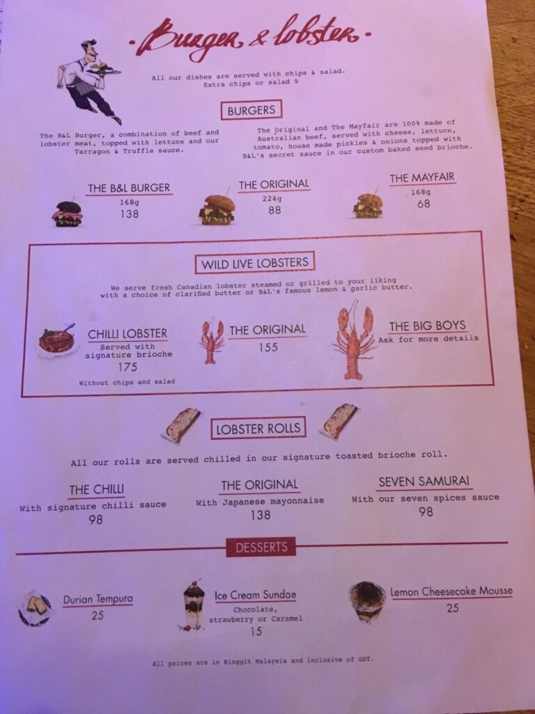 The Burger &amp; Lobster menu in English