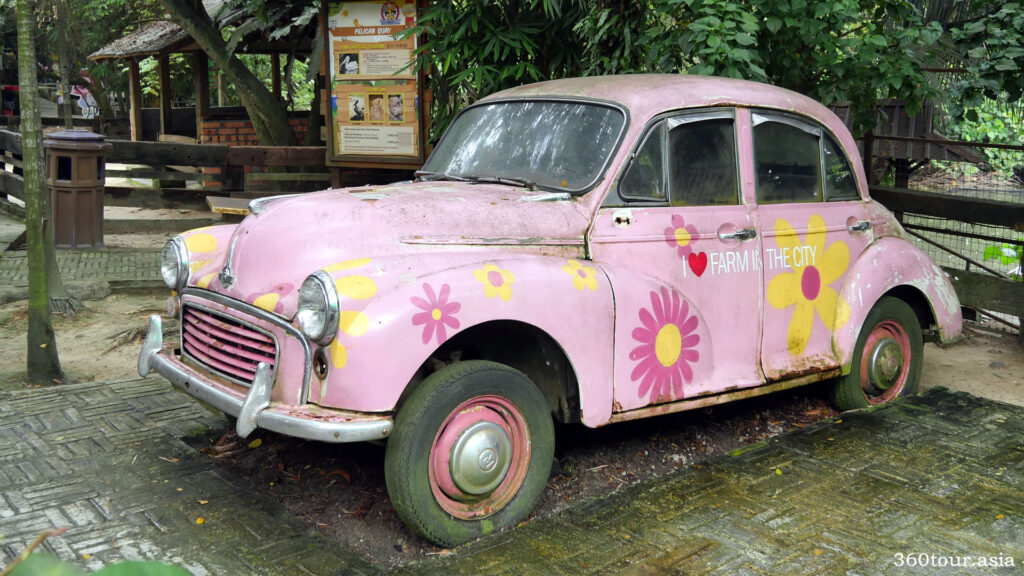 Old decorated beetle car on display at Farm in the City