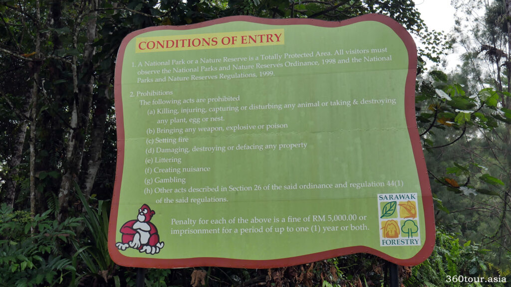 The condition of entry signage at the entrance to the Matang Wildlife Centre