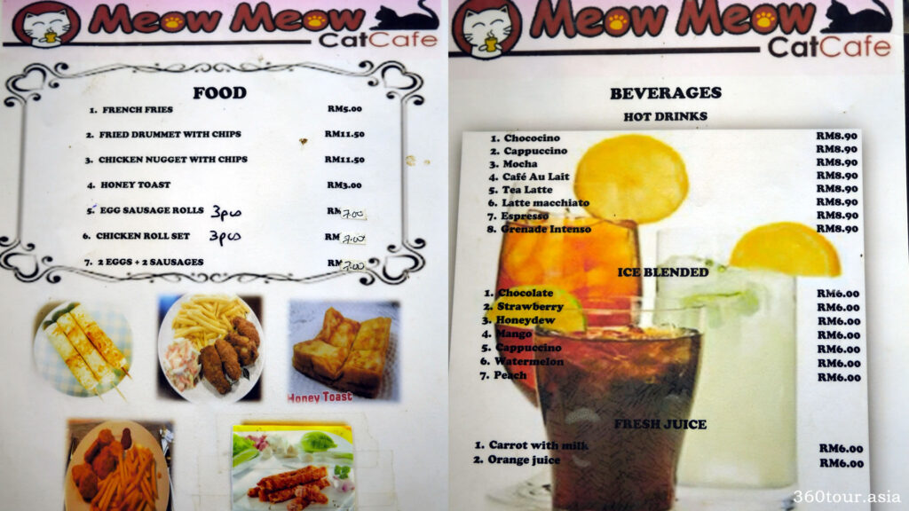 The food and drinks menu of Meow Meow Cat Cafe