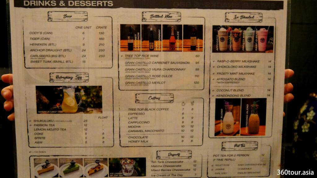The drinks and dessert menu of The Tree Top Cafe.