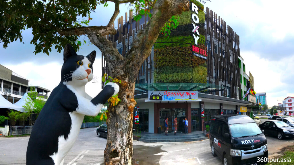 The cat statue by the tree is located in front of Roxy Hotel Padungan Kuching.