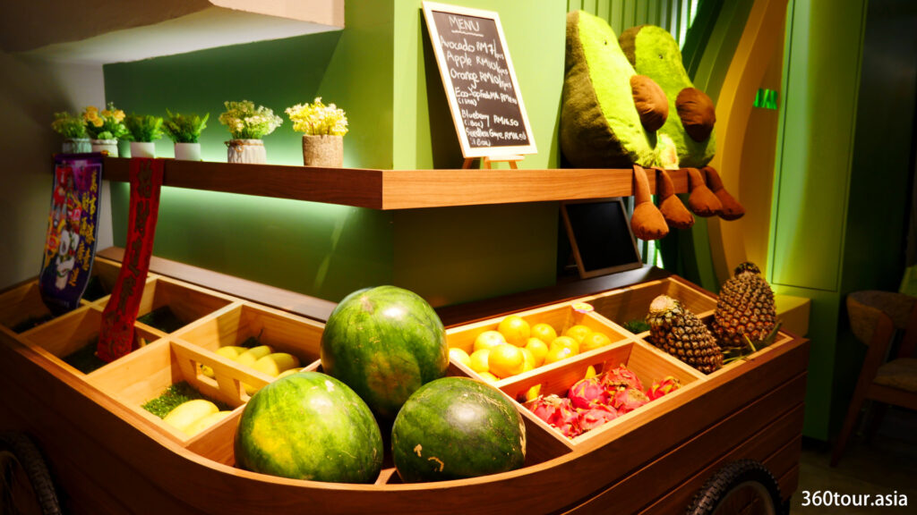 The fresh fruits counter with fruits for sale.