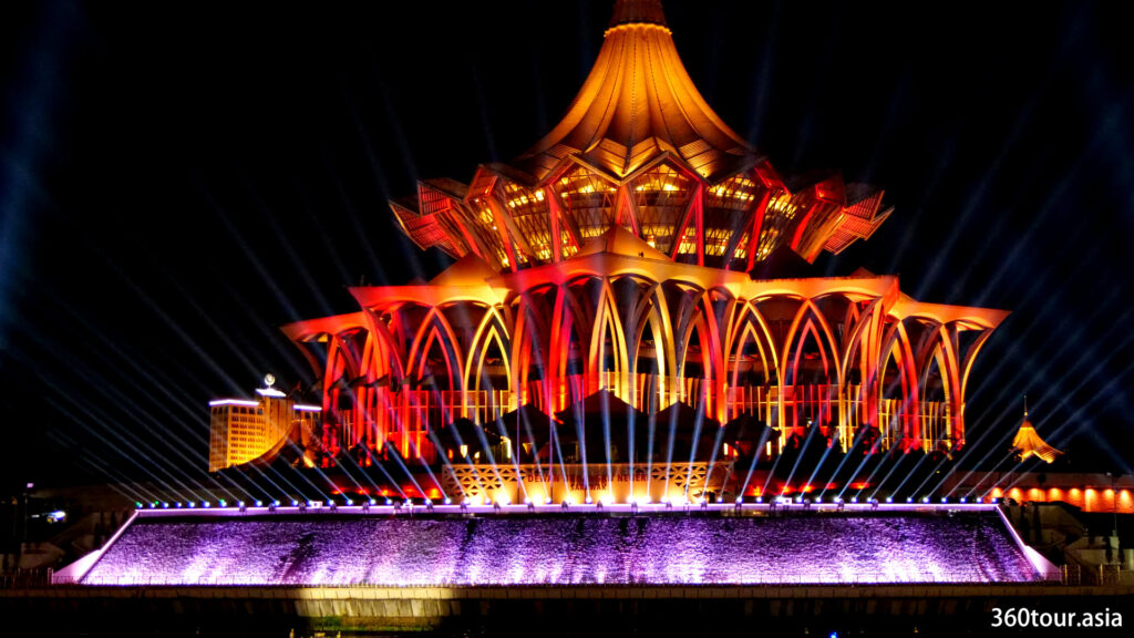 The amazing light show of the Sarawak State Legislative Assembly building.