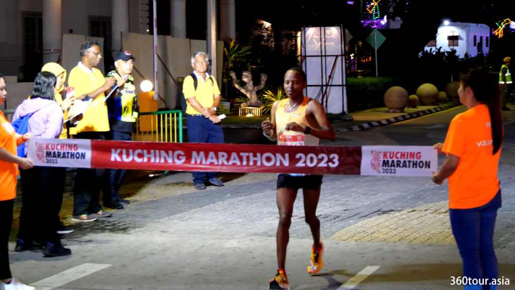 Bernard Muinde Matheka is the second full marathon runner passing the finishing line.
