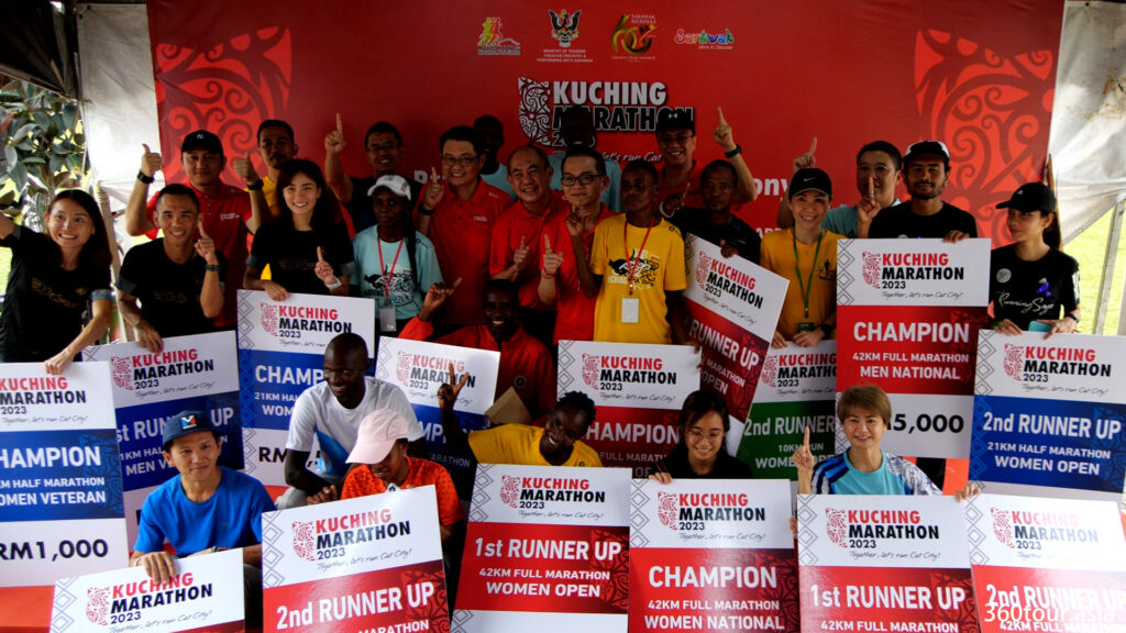Group photo of the winners of the Kuching Marathon 2023.