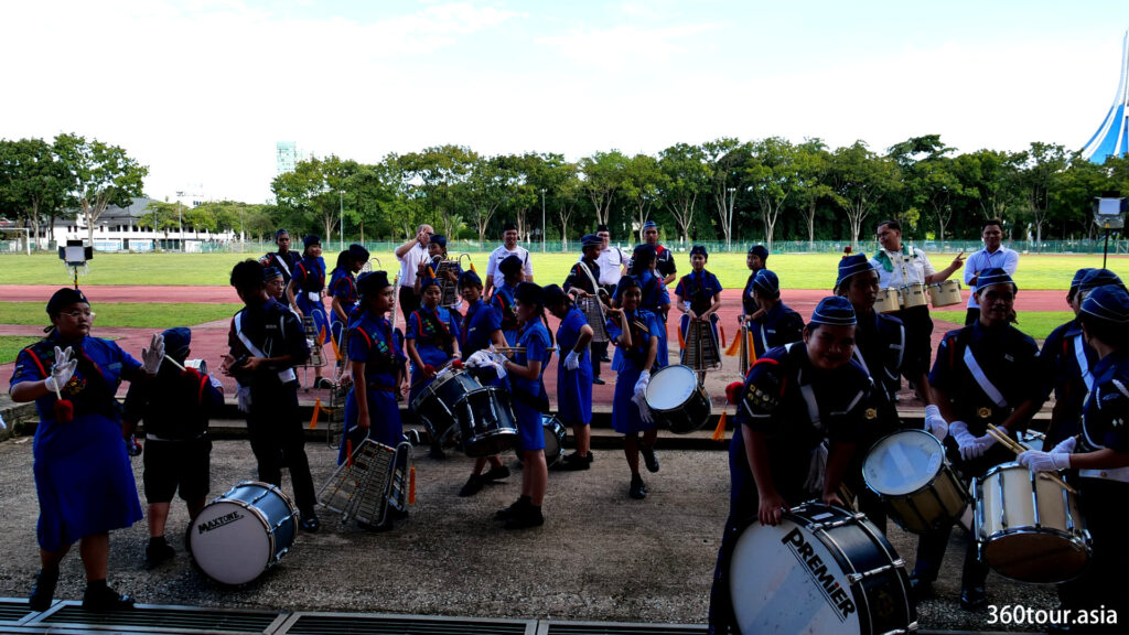 The brigades band having early preparation at the stadium.